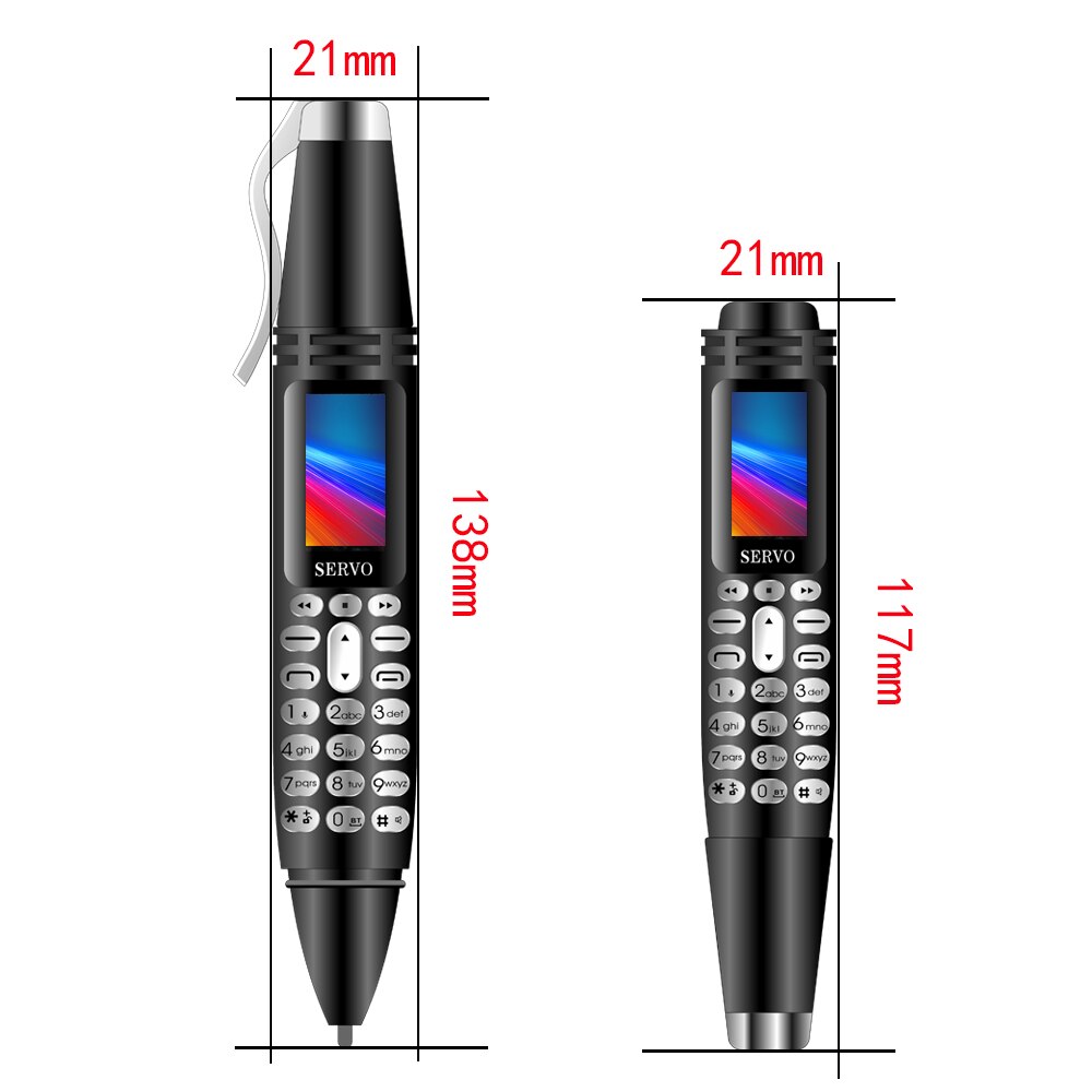 Opkald optagelse pen mobiltelefon servo  k07 0.96 "lille skærm dual sim sync kontakt lommelygte bluetooth dialer mini mobiltelefon