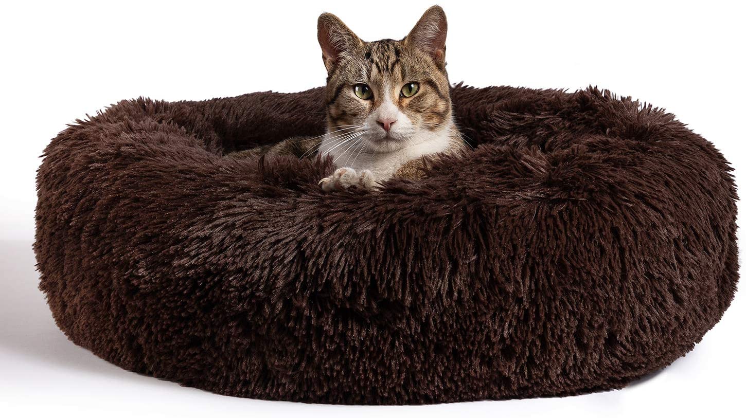 Lit Donut calmant pour chat et chien, en fourrure à poils longs, dimensions et valeur de lot pour animaux domestiques jusqu'à 150 livres, lavable en Machine: Thé brun / Small 23 inches