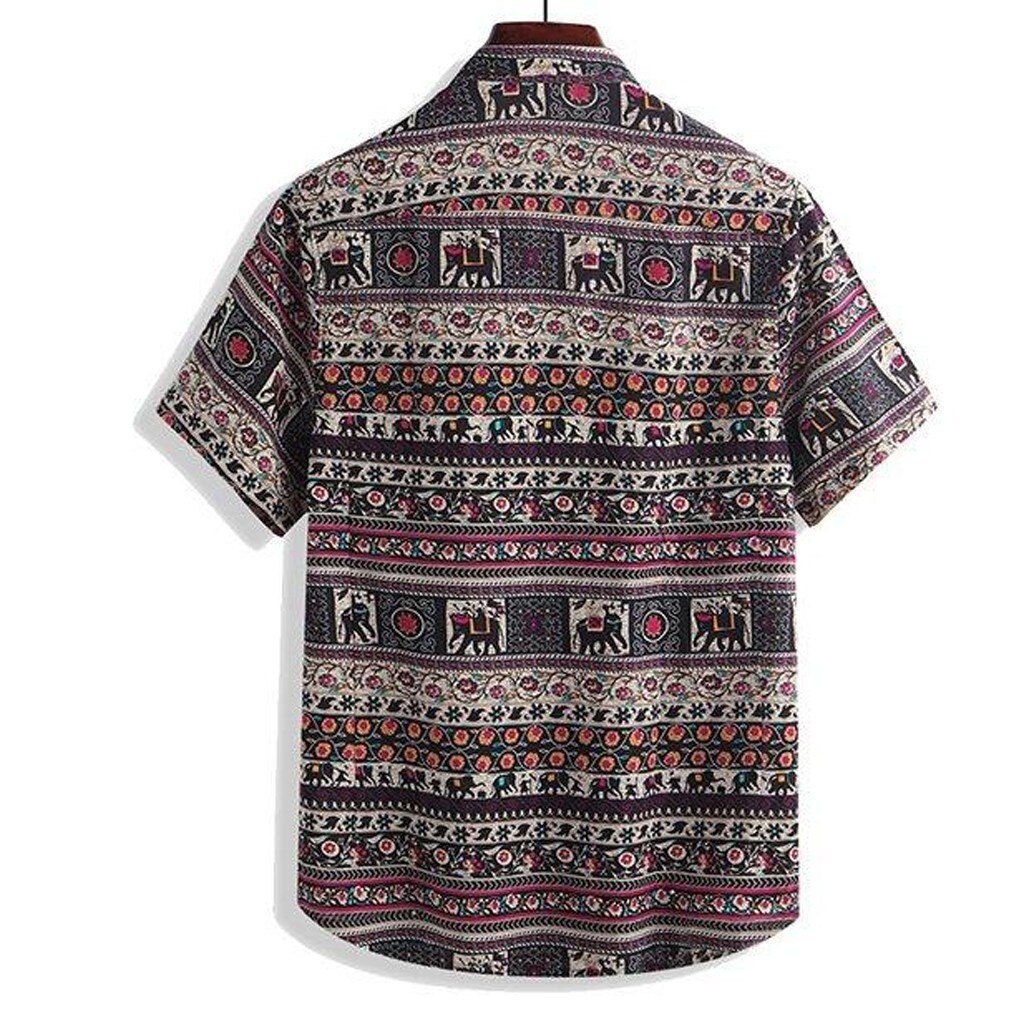 Summer Men Ethnic Style Printing Short Sleeve Casual Cotton Linen Hawaiian Shirt Blouse Plus Size 5xl Camisa Masculina Hombre