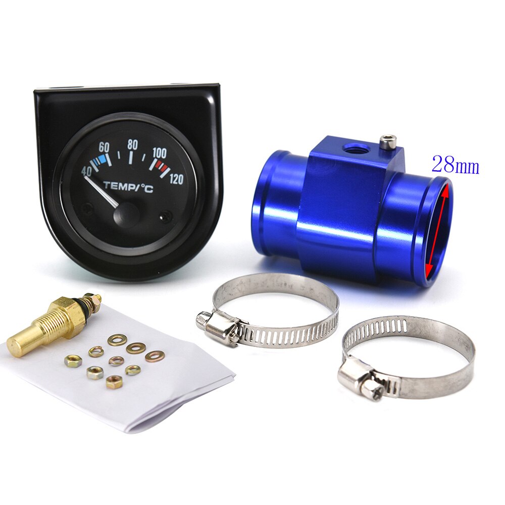 40-120℃ Water Temperature Gauge with 40MM Adaptor Joint Pipe Sensor Radiator NPT 1/8 Auto Water Temp Racing Gauge 52MM LED: 28mm blue