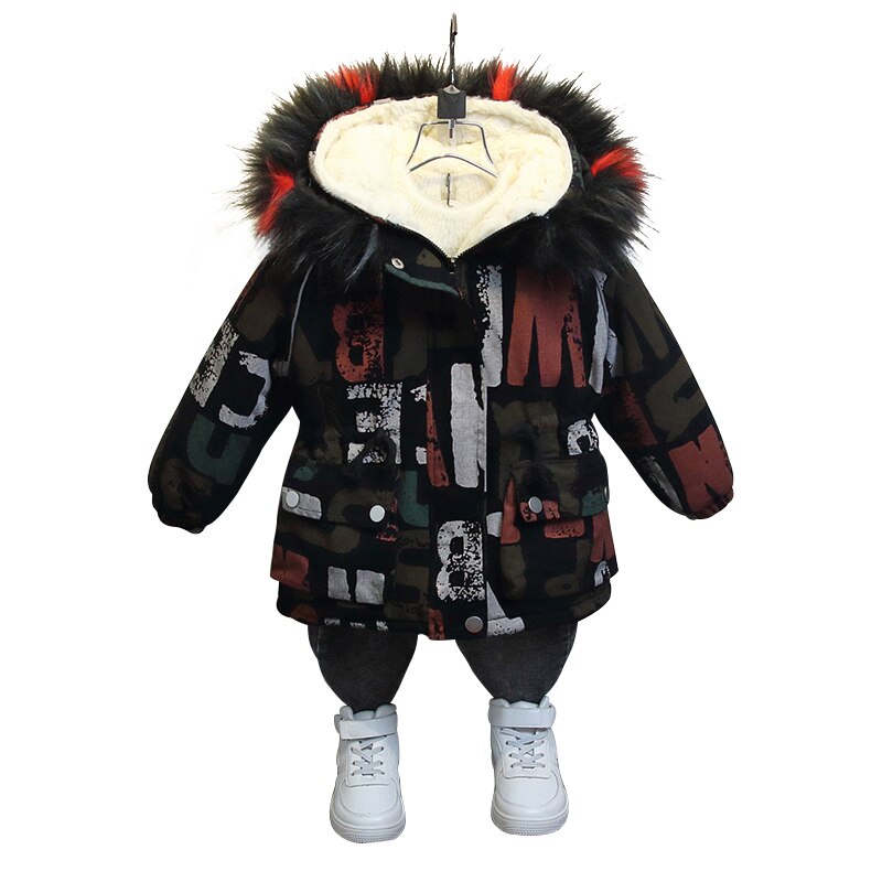 Baby Boys winter coat printbig letters padded cotton parka 2-9 years old Hooded Color fur collar Plush lining warm clothes: 140