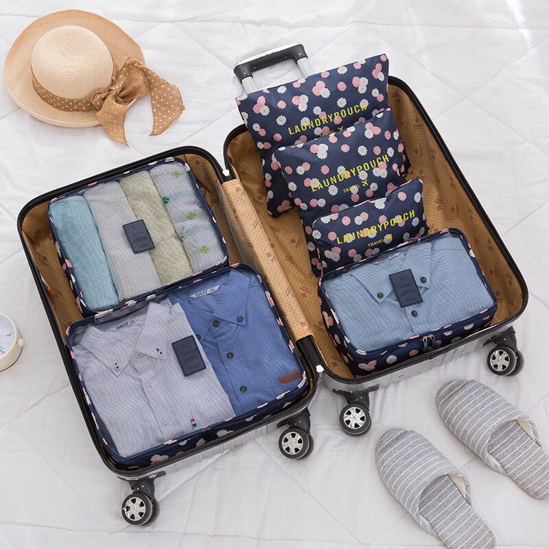 6/ PCS Travel Storage Bag Clothes Tidy Organizer Suitcase Pouch Travel Bag Case Shoes Packing Cube Bag luggage bag: Navy flowers