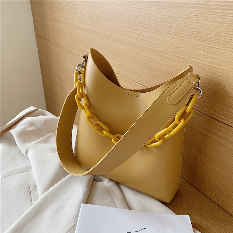Brand Women Shoulder Bag Large Capacity Chain Bucket Handbags PU Leather Women's Totes Composite Bag Bolsa Female: Yellow