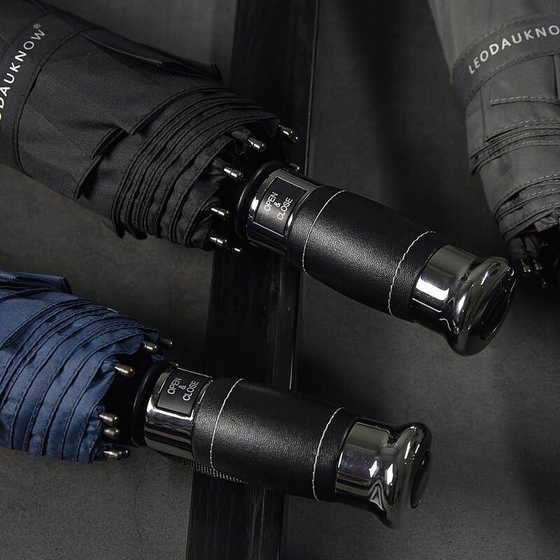 Paraply automatisk 115cm sort golf stor paraply regn læder håndtag business man paraplyer 10 ribben parasol herre