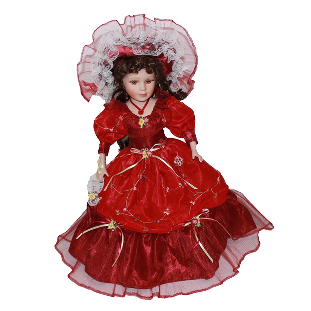 40cm Victorian Porcelain Female Doll Model In Red Long Dress Hat Home Decor