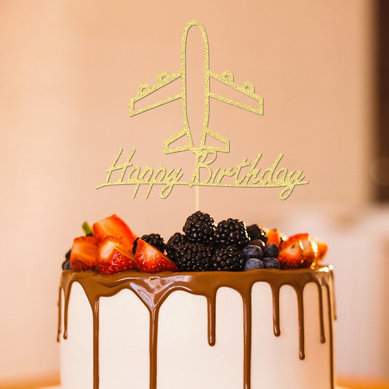YOMDID Golden Airplane Cake Topper Glitter Cake Topper Paper Cake Decor Sparkly Party Cake Decoration for Birthday Celebrations