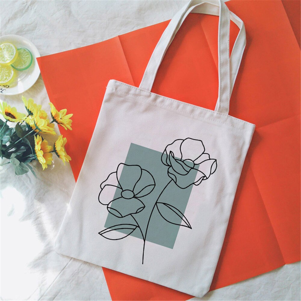 Bouquet Printing Canvas Tote Bag Aesthetic Line Drawing Plant Print Canvas Bags Harajuku Ulzzang Shoulder Bag Handbag: 2337