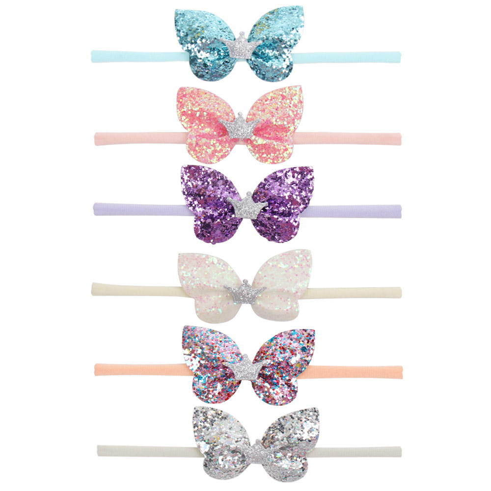 6PCSCrown mariposas cintas para el pelo del bebé conjunto diademas para recién nacidos para niñas brillante lentejuelas diademas de bebé Nylon accesorios para el cabello elásticos