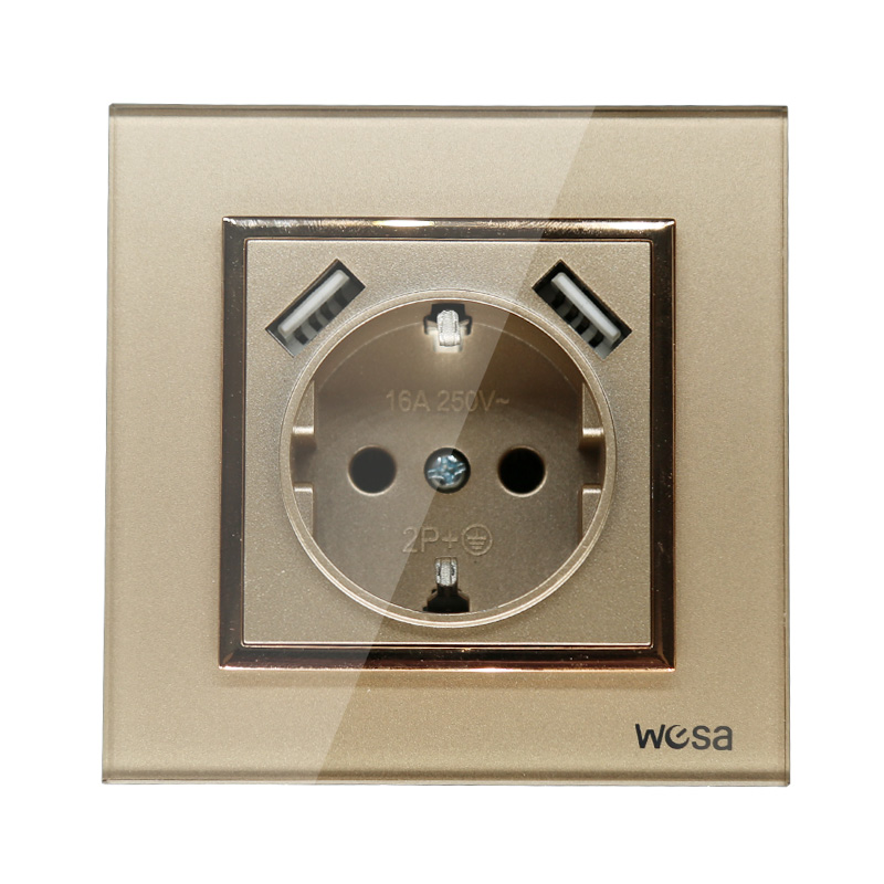 Enchufe de pared decorativo USB doble, , 5V, 2A, marco de vidrio templado dorado, FB-19,: Gold