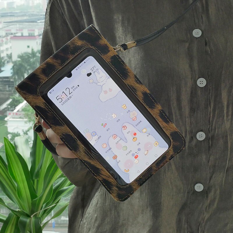 Touch Screen Mobiele Telefoon Purse Smartphone Portemonnee Lederen Schouderband Handtas Vrouwen Tas Luipaard Transparante Telefoon Bag Hots