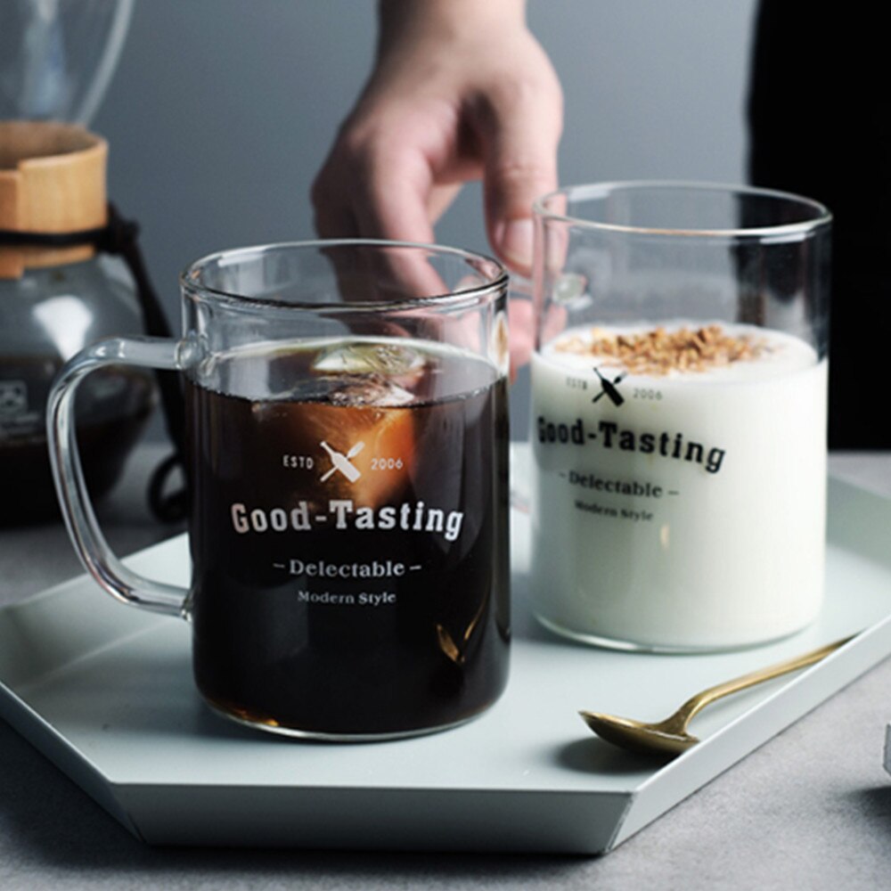 Vaso de agua de vidrio de borosilicato, Vaso de Leche recto con vaso de bebida fría, vaso de zumo, vaso Simple con Taza de leche de letras en inglés
