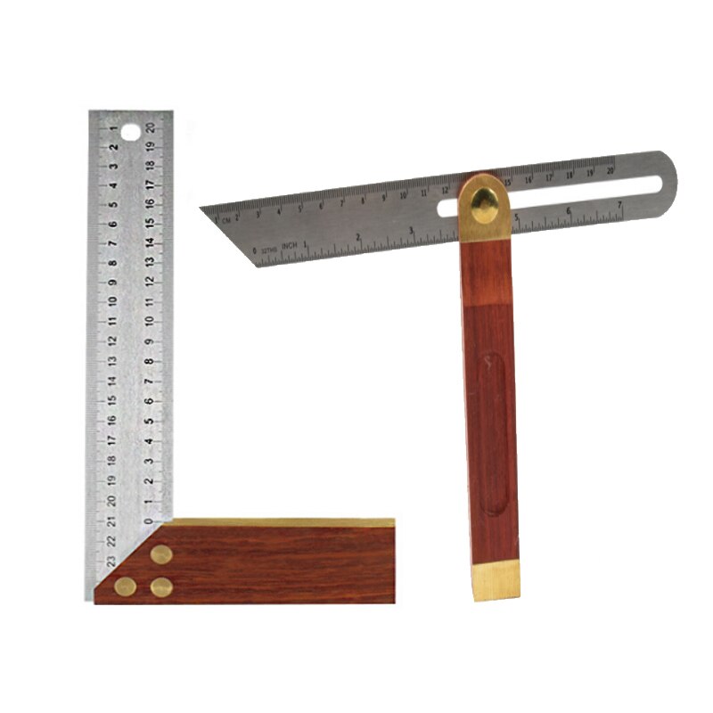 2 in 1 Angle Rulers Gauges 8" Tri Square 9" Sliding T-Bevel With Wooden Handle Level Measuring Tool