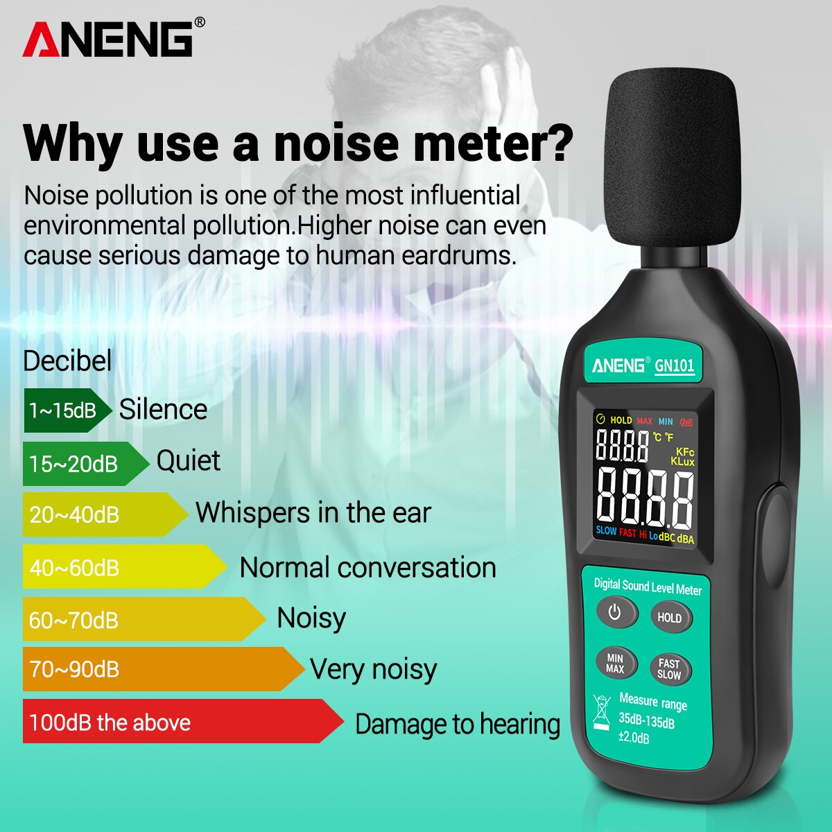 ANENG Digital Noise Meter 35db-135db Decibel Meter LCD Display Sound Level Analysis High-precise Sound Decibel Monitor