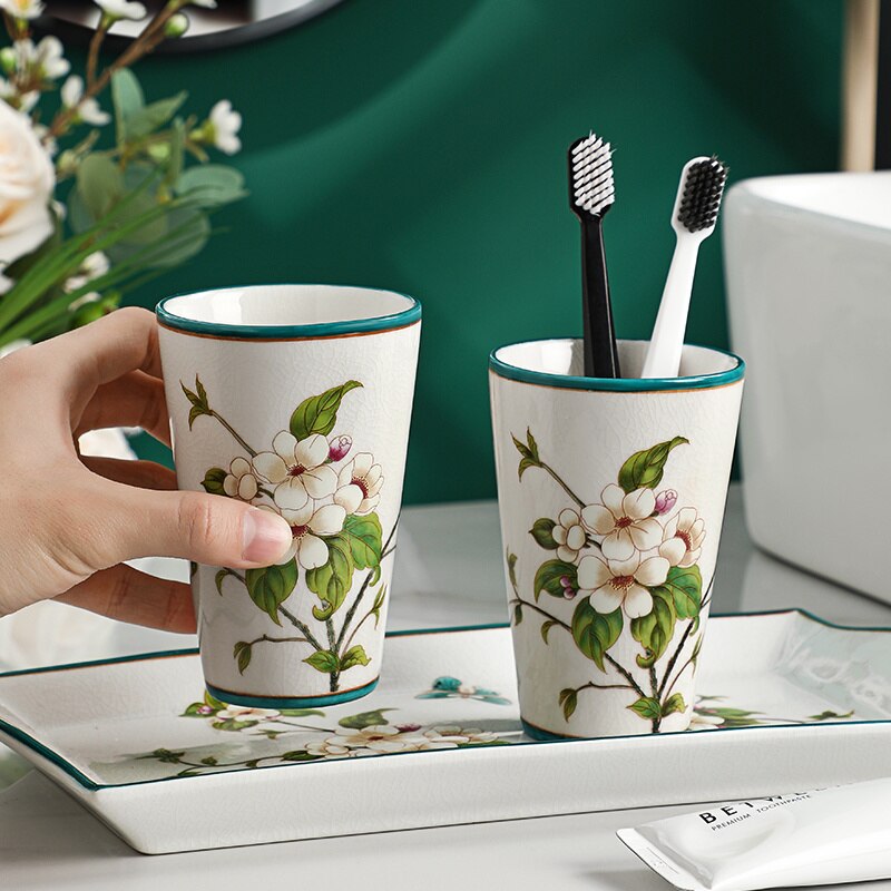 Ceramics Bathroom Set Liquid Soap Dish Toothbrush Holder/Rack Lover Gargle Cup Dental Jar Flowers &amp; Bird Pastoral Style