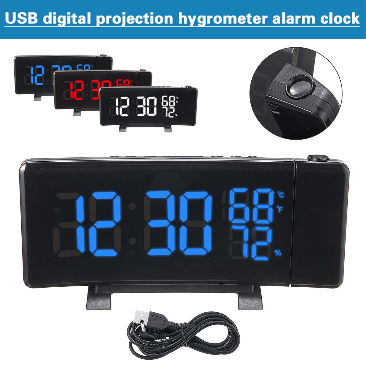 USB LED Digital Clock Radio With Projection Radio FM Snooze Alarm Table Clock Temperature And Humidity Bedside Time Display