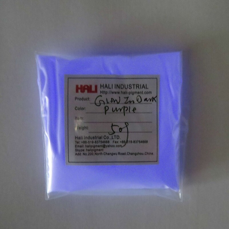 Glow in dark poeder, fotoluminescerend poeder, luminescerend poeder , 1 partijen = 10 kleuren ,10 gram per kleur.: Witpaars 50g