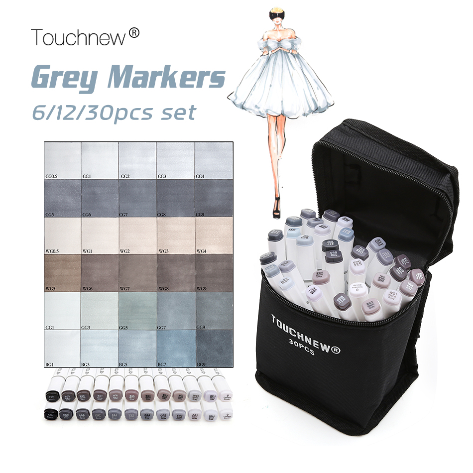 Touchnew 6/12/30 Farben Graustufen Art Marker Pen Doppel-Ended Skizze Marker Alkohol Tinte Auf Wasserbasis Neutral Grau Töne Kunst Liefert
