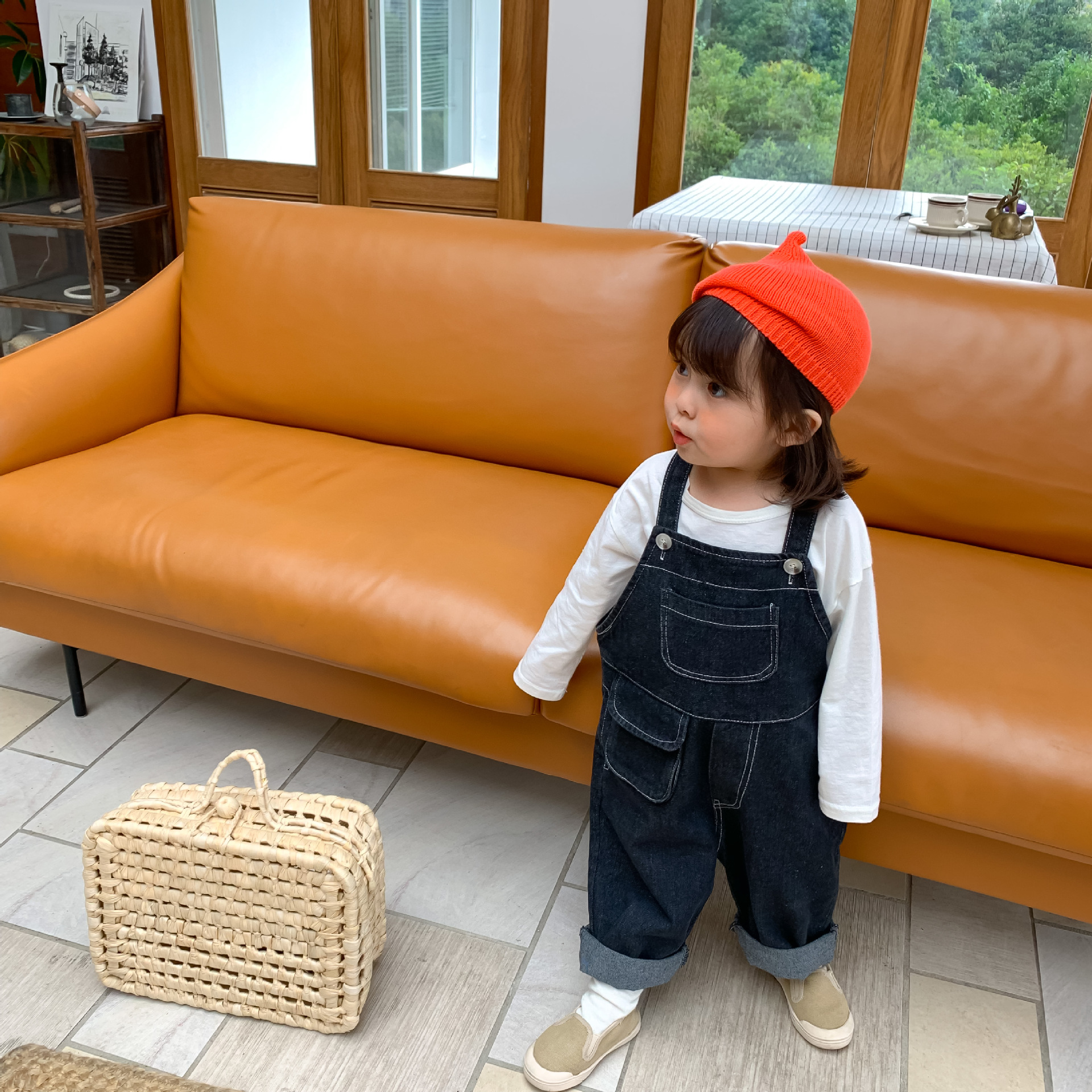 Jongens Meisjes Koreaanse Stijl Losse Denim Cargo Overalls 2 Kleuren Oversized Diepe Hak Pocket Bib Broek