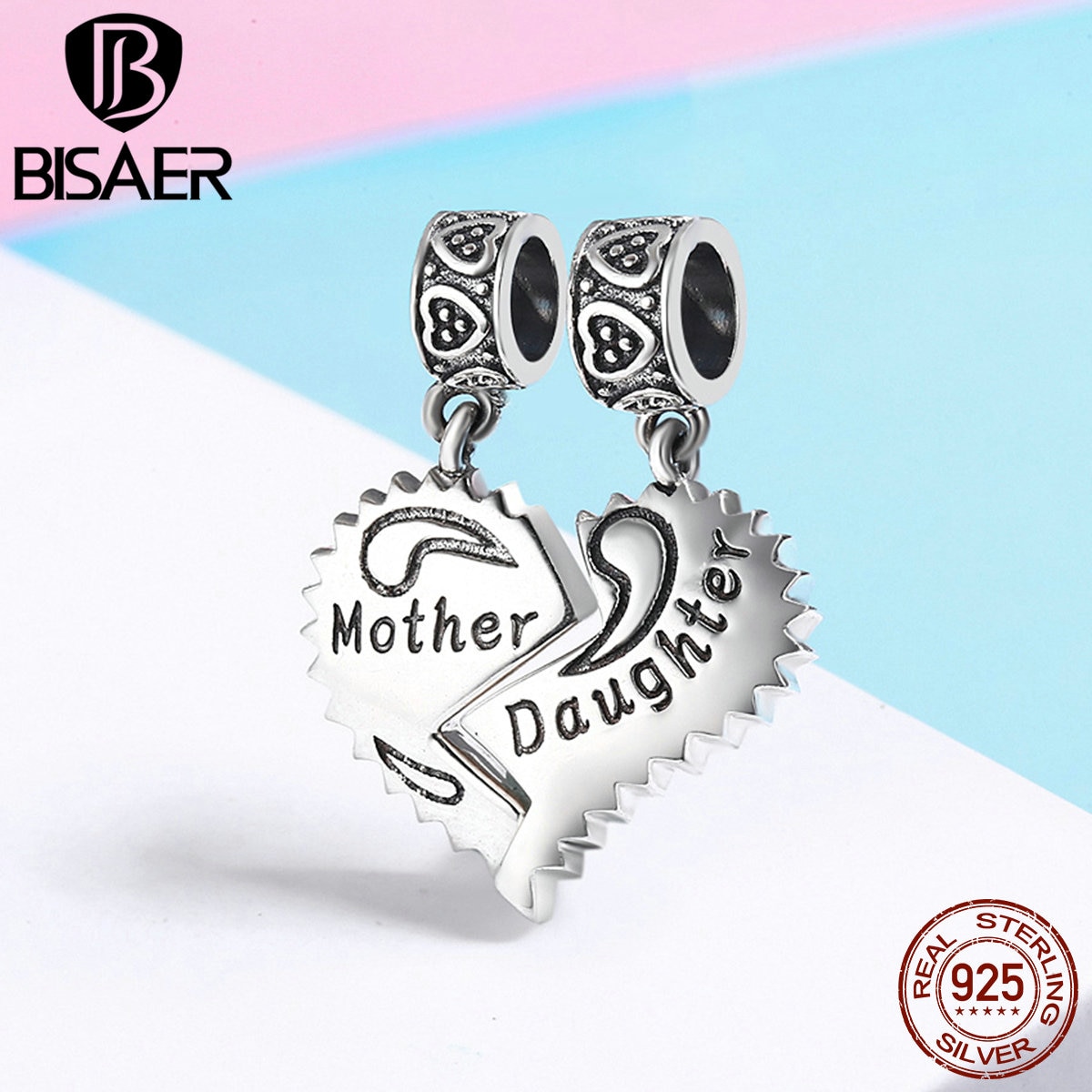 100% 925 Sterling Silver Unique Heart Pendant, Mother & Daughter Charms Fit BISAER Authentic Original Jewelry ECC427