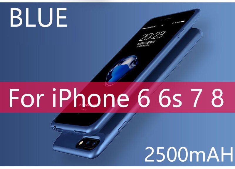 Coque chargeur de batterie externe Ultra Silm 5000mAh, étui pour iPhone 6 6s 7 8 7000mAh 6 6s 7 8 Plus: 2500mAh i6 7 8 Blue