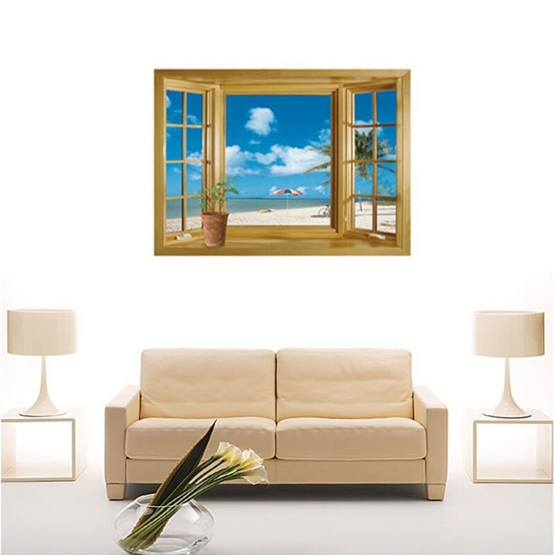 Window 3D Print Beach View Sea Landscape Wall Stickers Art Mural Decal Wallpaper Living Room Decor