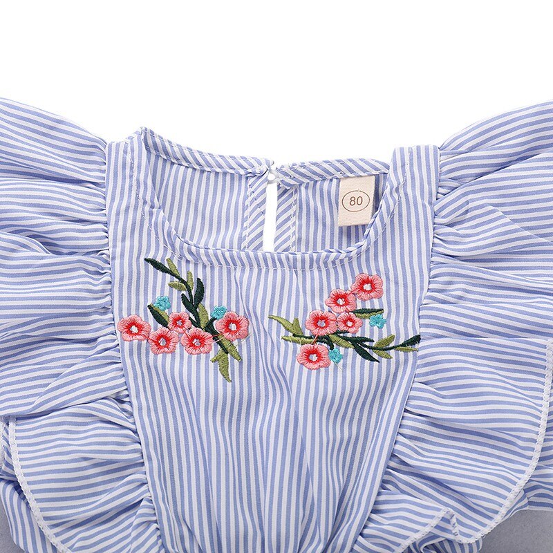 Di Estate di modo Del Bambino Delle Ragazze Dei Capretti Vestiti di Rosa Ricamato Blu A Righe Tute e Salopette Tute e Tute da Palestra Dei Bambini Senza Maniche Abbigliamento per 1-5 T.