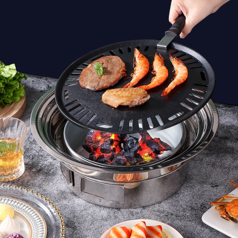 Parrilla de barbacoa de carbón coreana, bandeja antiadherente de acero inoxidable, estufa de carbón portátil para barbacoa de Camping al aire libre