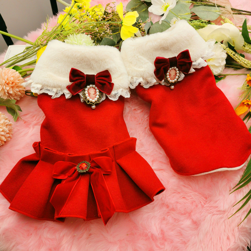 Autumn Winter Year Red Pet Dog Clothes Plus Velvet Warm Woolen Cloth Bow Dress For Small Medium Dog Outfits Dog Jackets