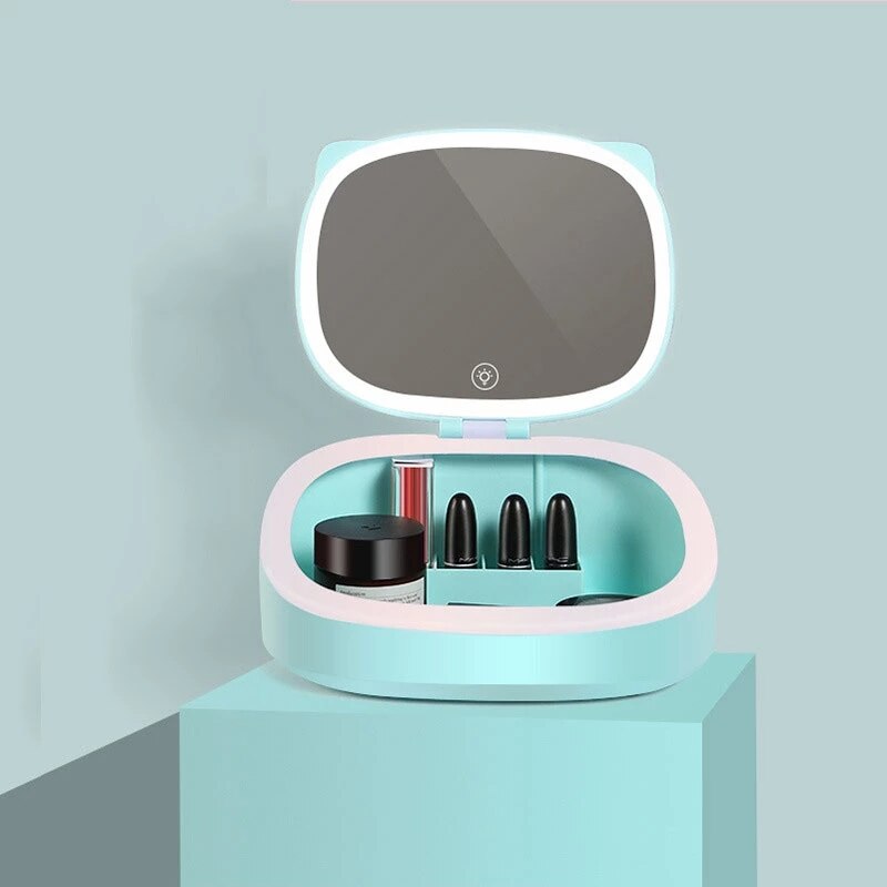 Cute Cat Ears LED Light Makeup Storage Box&amp;mirror Organizer Dormitory Table Fill Lamp Lipstick Hold Valentine's Day