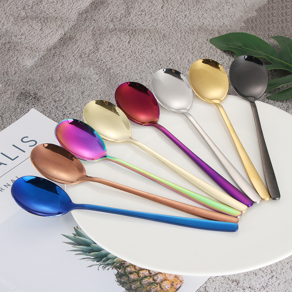 Cuillères et fourchettes à Long manche | Couleur arc-en-ciel en acier inoxydable, cuillère à soupe cuillère glaces thé cuillère à café vaisselle de table, couverts de maison