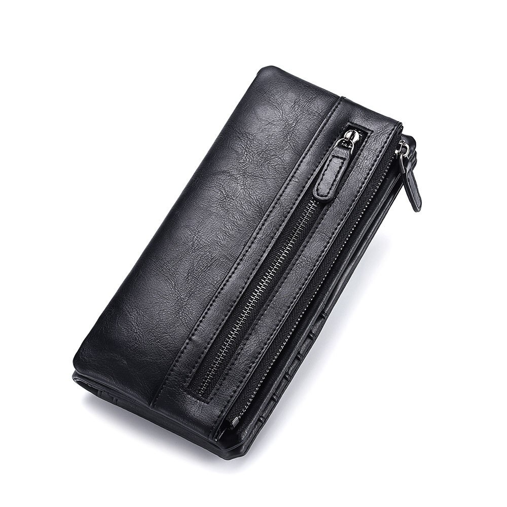 Soft Leather Men's Business Wallets Brand Vintage Purse Card Holder Male Long Zipper Clutch Wallet with Phone Pocket: black
