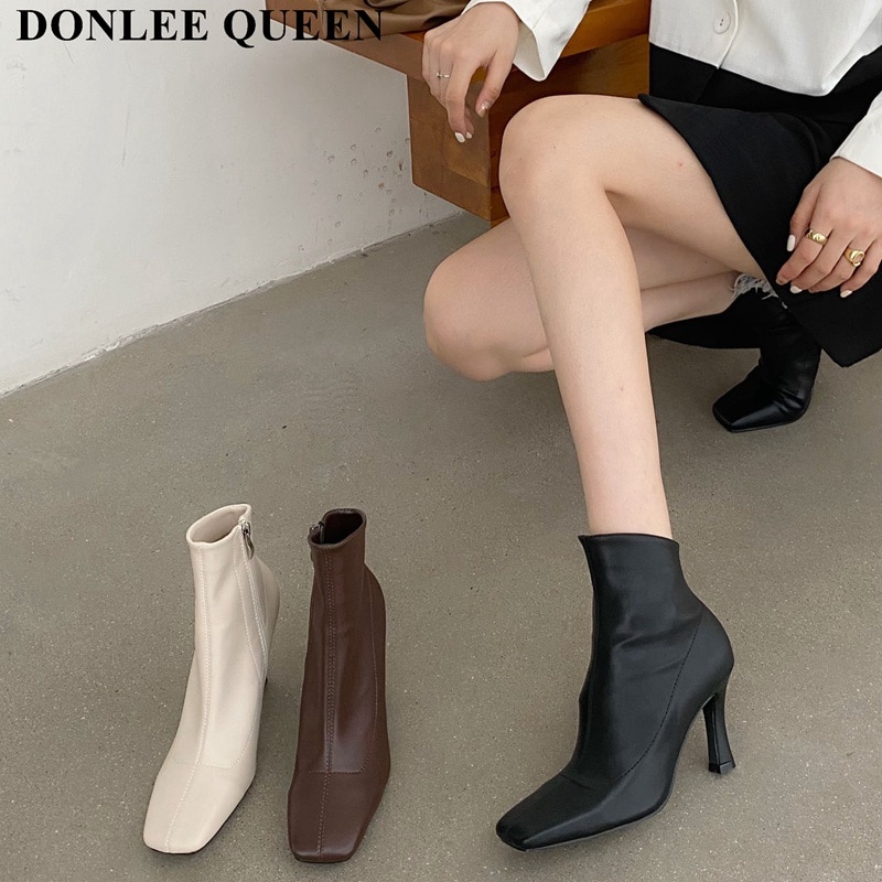 Ankelstøvler til kvinder firkantede sko vinter korte støvler lynlås tynde hæle behagelige dame støvler zapatillas mujer