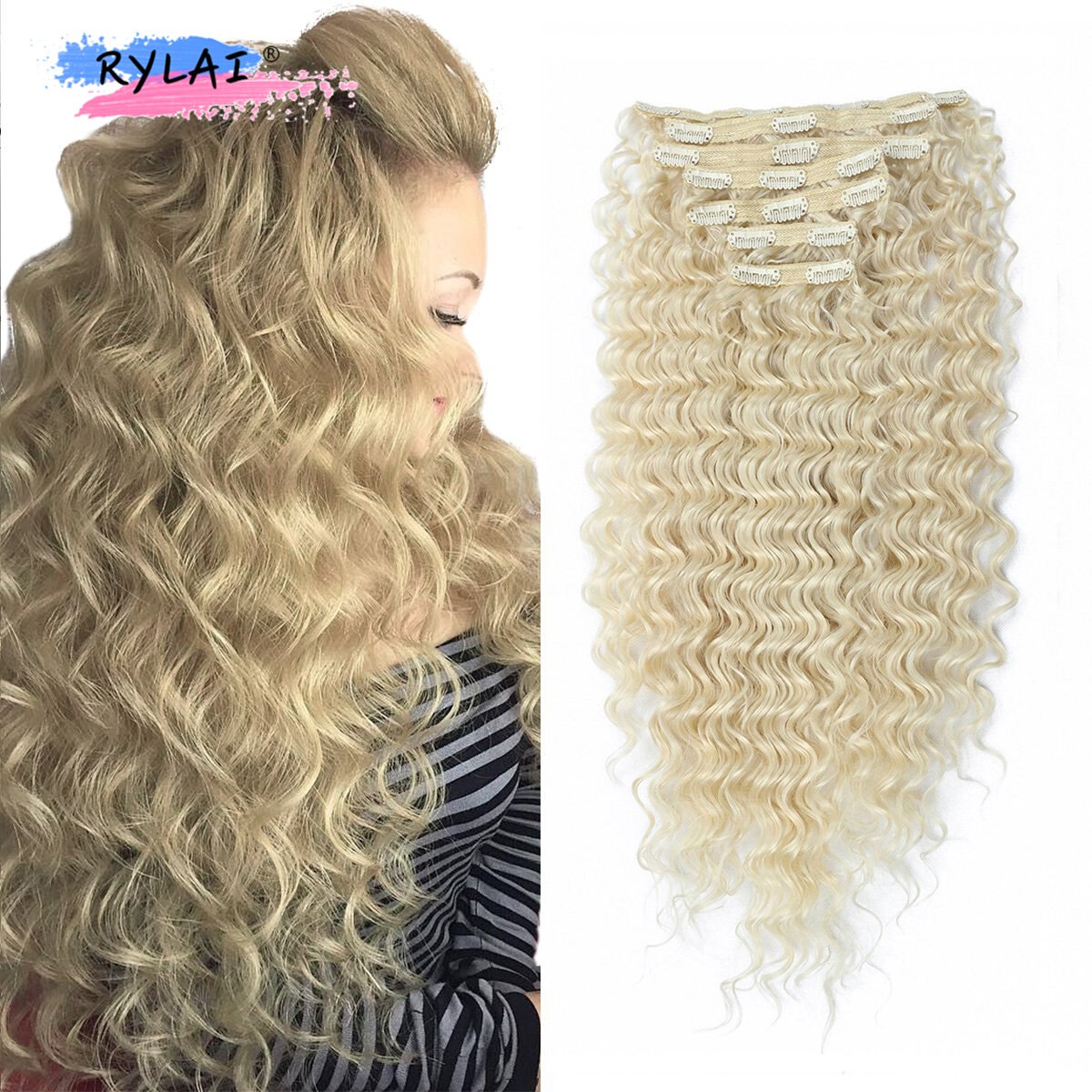 Deep Wave Clip In Hair Extensions Real Soft Thick Women Hair 24 Inch Long Curly Hair Extensions Clip In Synthetic 160 Gram RYLAI: 613