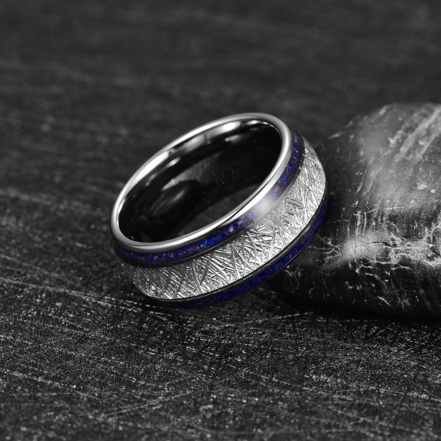 8mm jäljitelmä meteoriitti lapis lazuli volframikarbidi sormus miesten #39 aaa