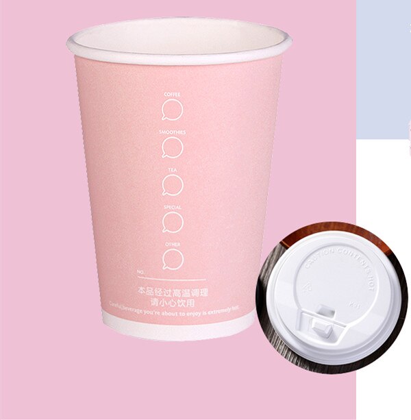 50pcs Pink disposable coffee cup drink milk tea thick paper cups with lids commercial household anti-scalding packaging cups: cup and white lid / 300ml 50pcs