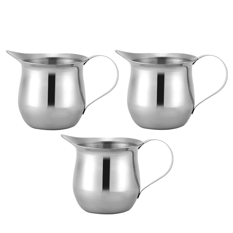 Set of 3 Stainless Steel Creamers, 5Oz, Mirror Finish, Comfort Grip Handle, Coffee Cup: Default Title