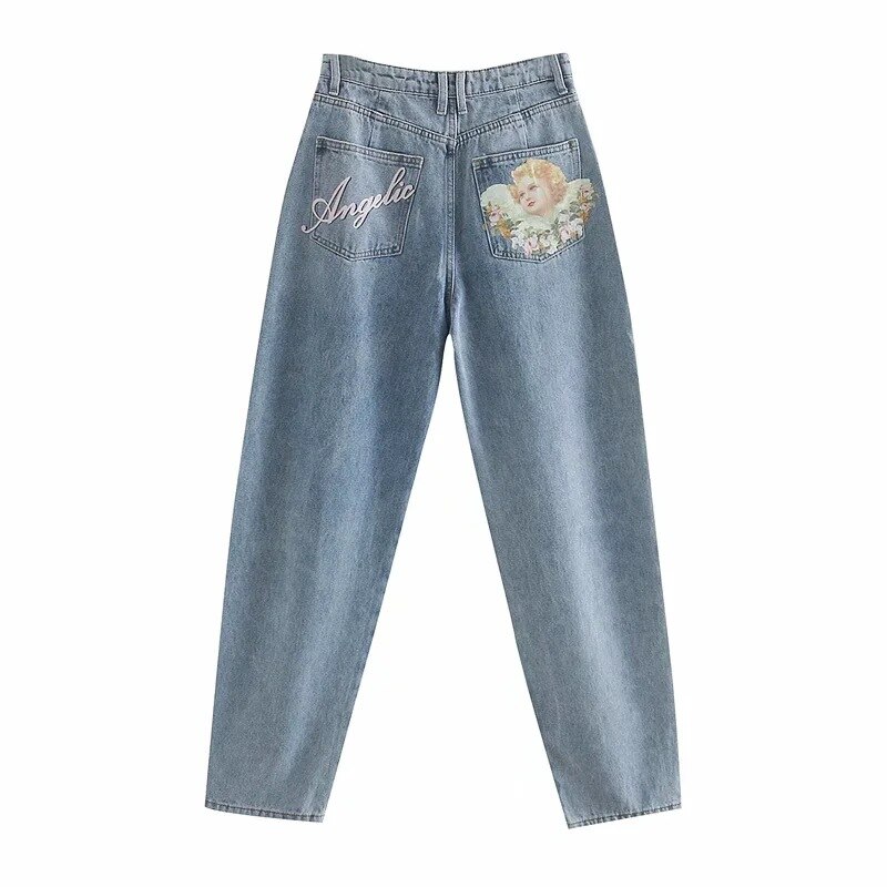 Retro denim løse mom jeans  y2k bukser lomme engel print baby blå høy midje bukser dame pantalon: L
