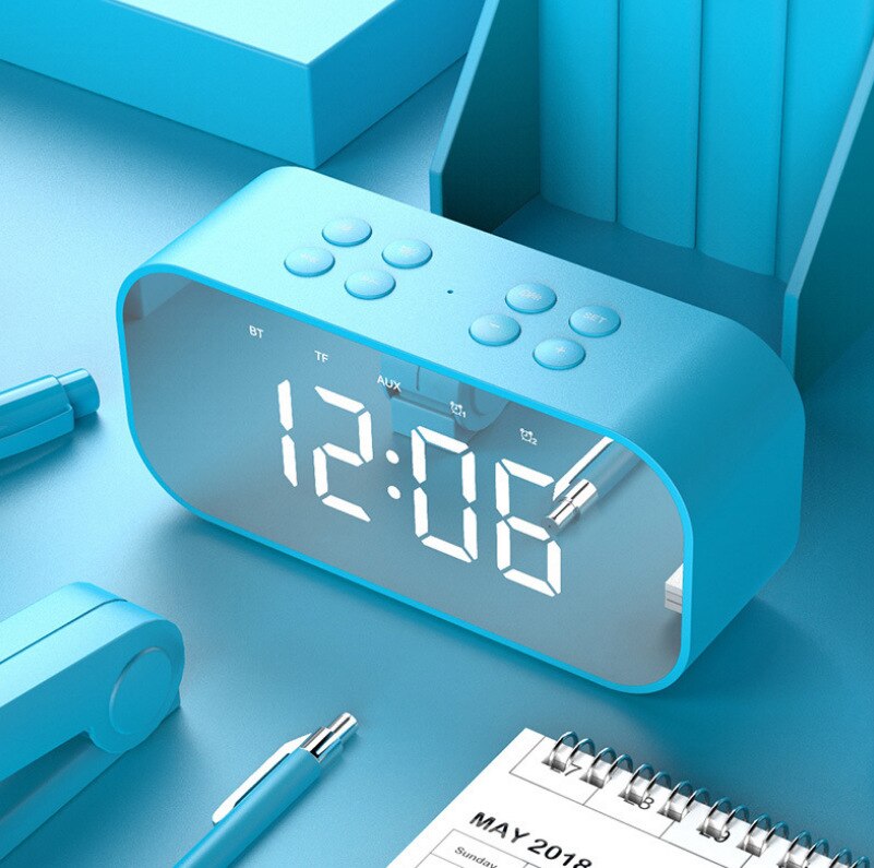Alarm Clock Digital with Snooze Function Wireless Bluetooth Speaker Alarm Color Luminous Led Mirror Reveil: Sky Blue