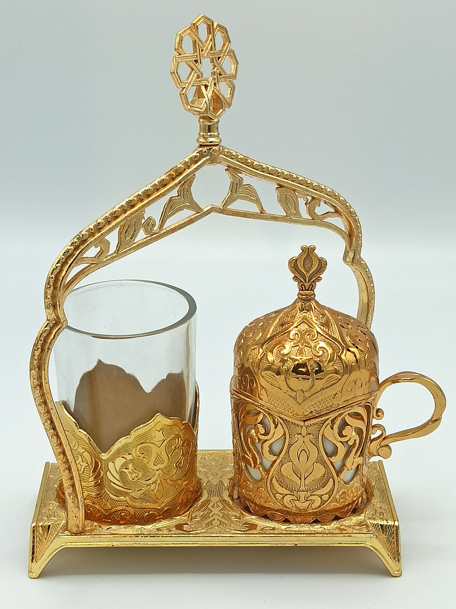 Autentiske kaffekopper kaffesæt kit vandglas sukker skål bakke vælg, osmannisk kalkun anatolia: Guld med glas