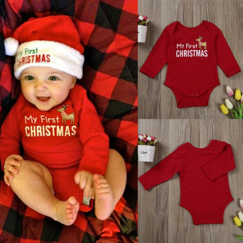 Christmas Baby Boy Girl Bodysuit Letter MY First Letter Printed Solid Jumpsuit Clothes Outfits Jumpsuit Clothes Outfits