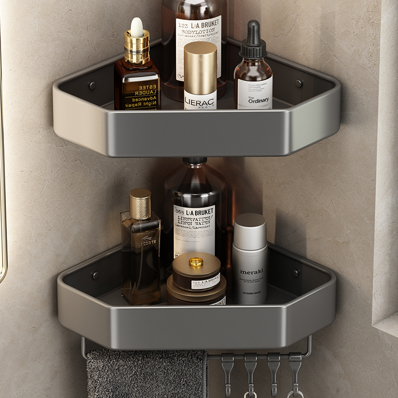 Badezimmerregal ohne Bohren, Eckraum, Aluminium-Lagerregal, Wandmontage, dreieckiger Korb, Duschraum, Aufbewahrungsorganisator FR2006