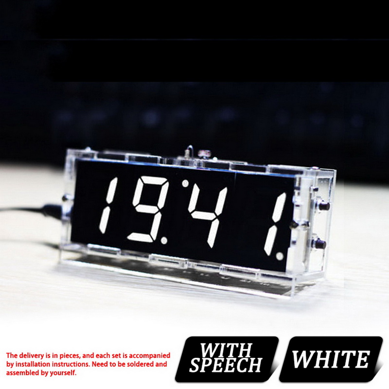 Diy Digital Led Clock 4digit Light Control Temperature Date Time Display Transparent Case Indoor Outdoor With Speech Alarm Clock: With Speech White