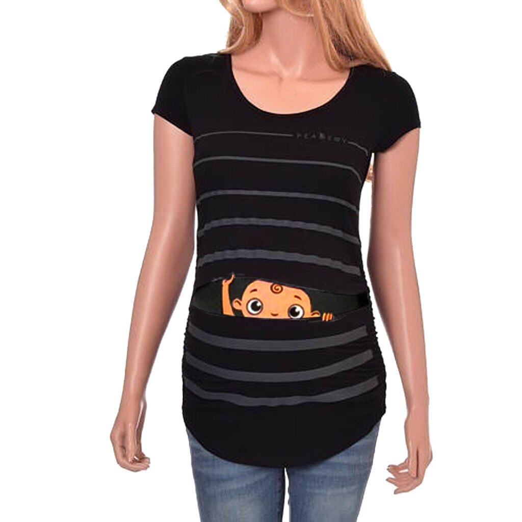 Ropa de maternidad lindo divertido impreso para bebé a rayas de manga corta Camiseta de embarazo Top para embarazadas ropa de lactancia: Black / XL