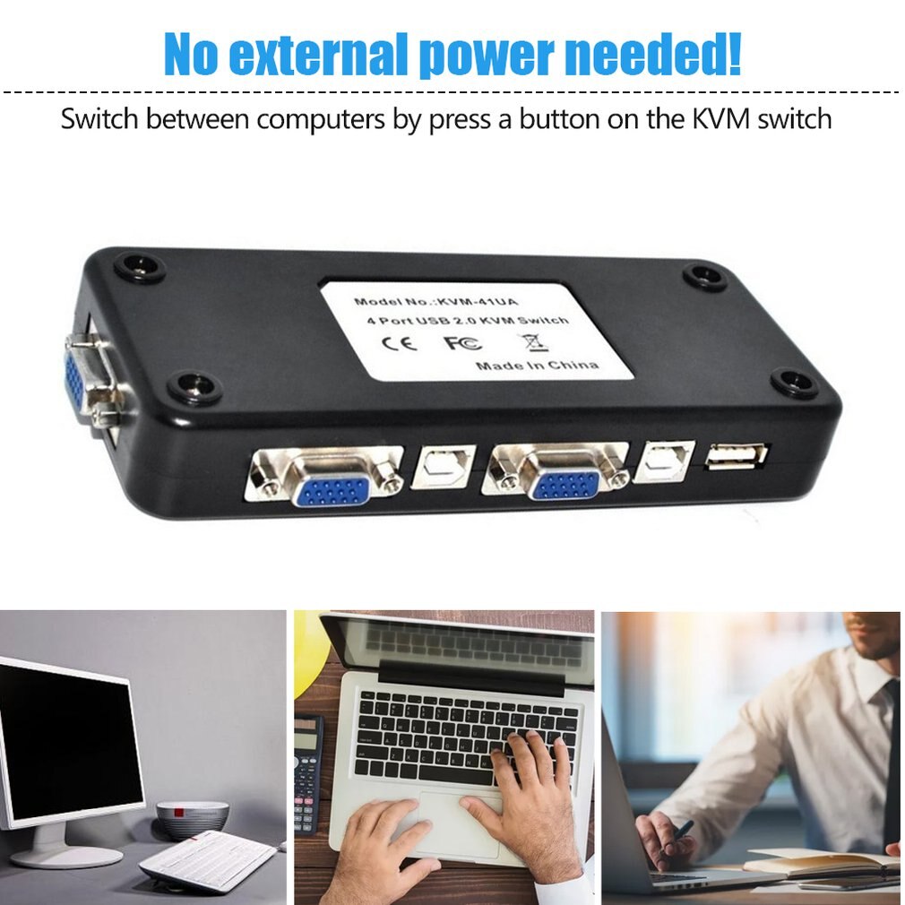 4 Port USB 2.0 KVM VGA/SVGA Switch Box Adapter Connects Printer Intelli keyboard Mouse 4 Computers Use 1 monitor