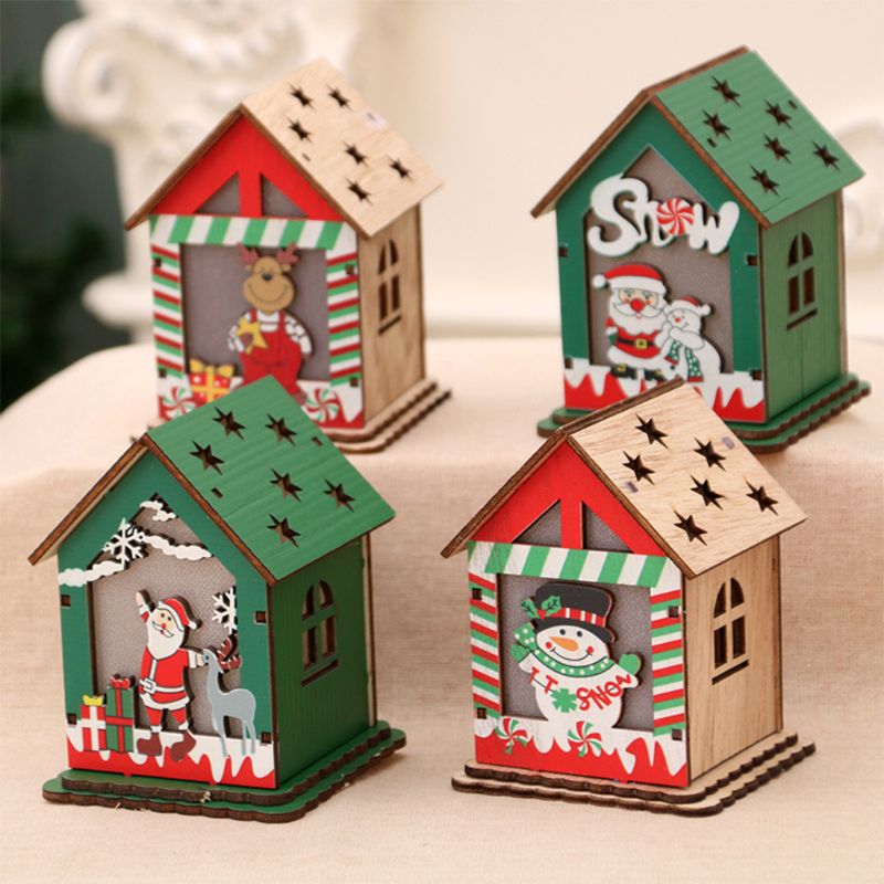 Casa de madera LED Chalet muñeco de nieve decoración de Navidad ciervo adorno de Papá Noel F