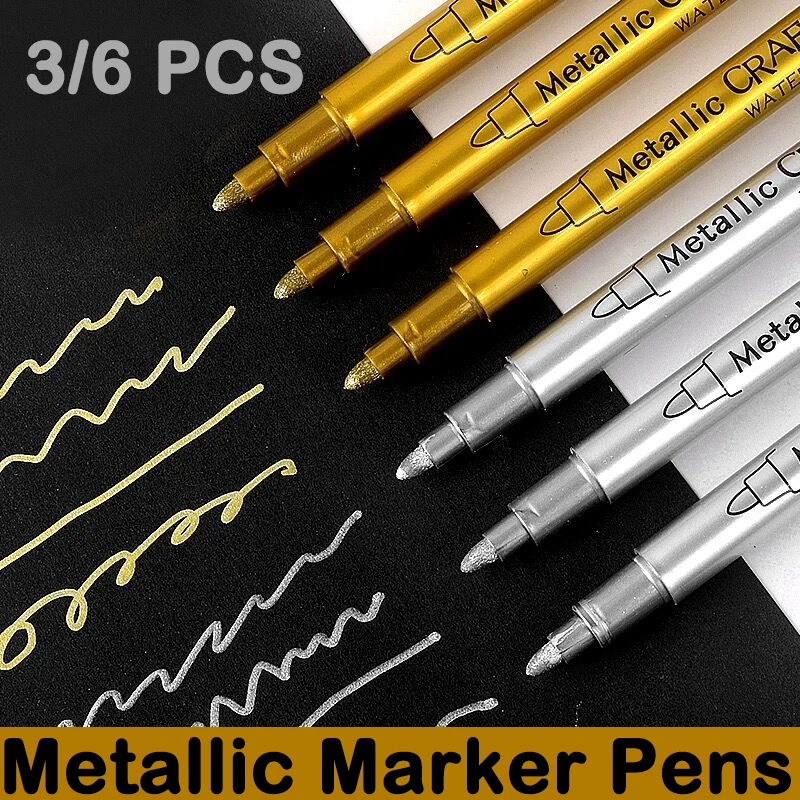 3/6 stuks metallic penseelmarkers in goud- en zilverkleur, permanente markers voor manga-knutselwerkjes en schoolbenodigdheden.