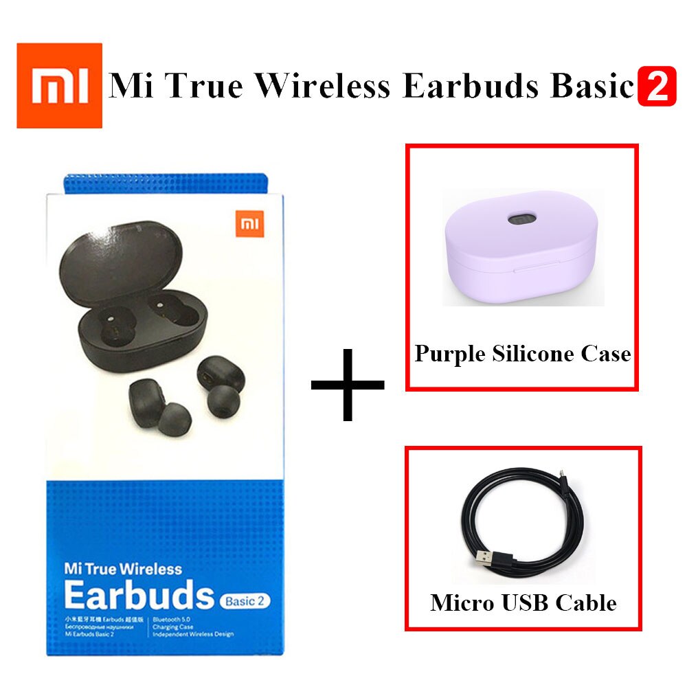 Xiaomi-auriculares Airdots 2 TWS versión Global, auriculares inalámbricos originales con Bluetooth 5,0, auriculares estéreo Mi True Wireless 2, TWSEJ061LS: Add USB Purple Case