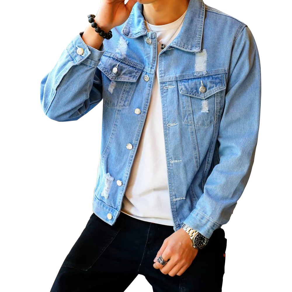 Mannen Denim Jasje Hip Hop Retro Denim Jasje Straat Casual Pilot Harajuku Mode Gat Slanke Dichtgeknoopt Sky Blue Mannen 'S Jacket