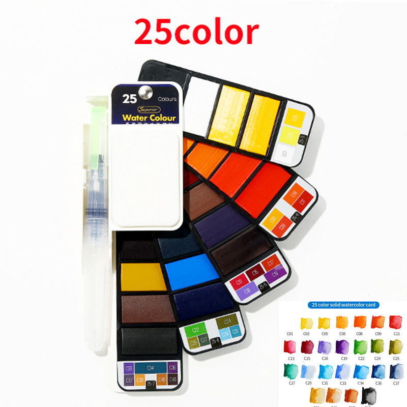 Set van 2 aquarelverf in  :18/25/33/42 kleuren, kunstset met waterpenseel, opvouwbaar aquarelverfpigment: 25 kleuren verfset