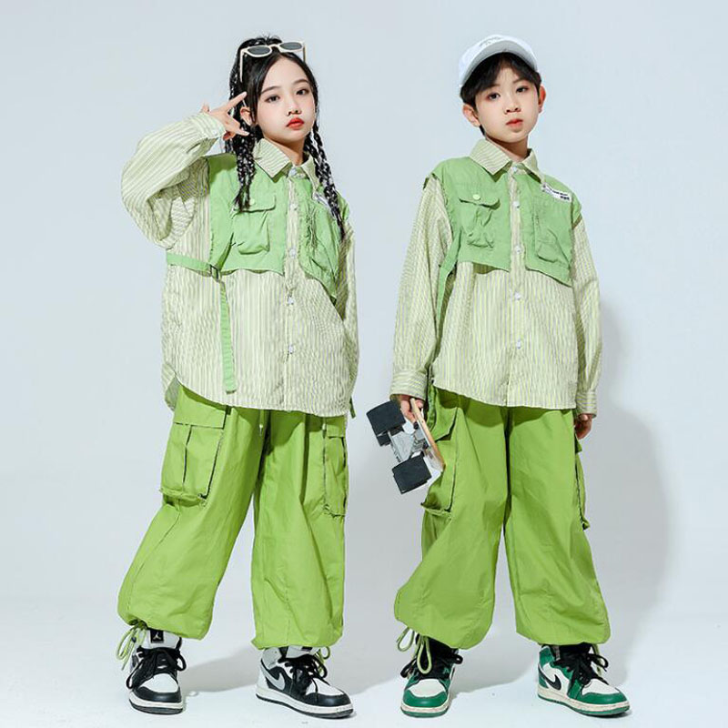 Camisa verde de gran tamaño con cordones para niños, pantalones Cargo informales para correr, ropa de calle de Jazz, disfraz de baile, Hip Hop